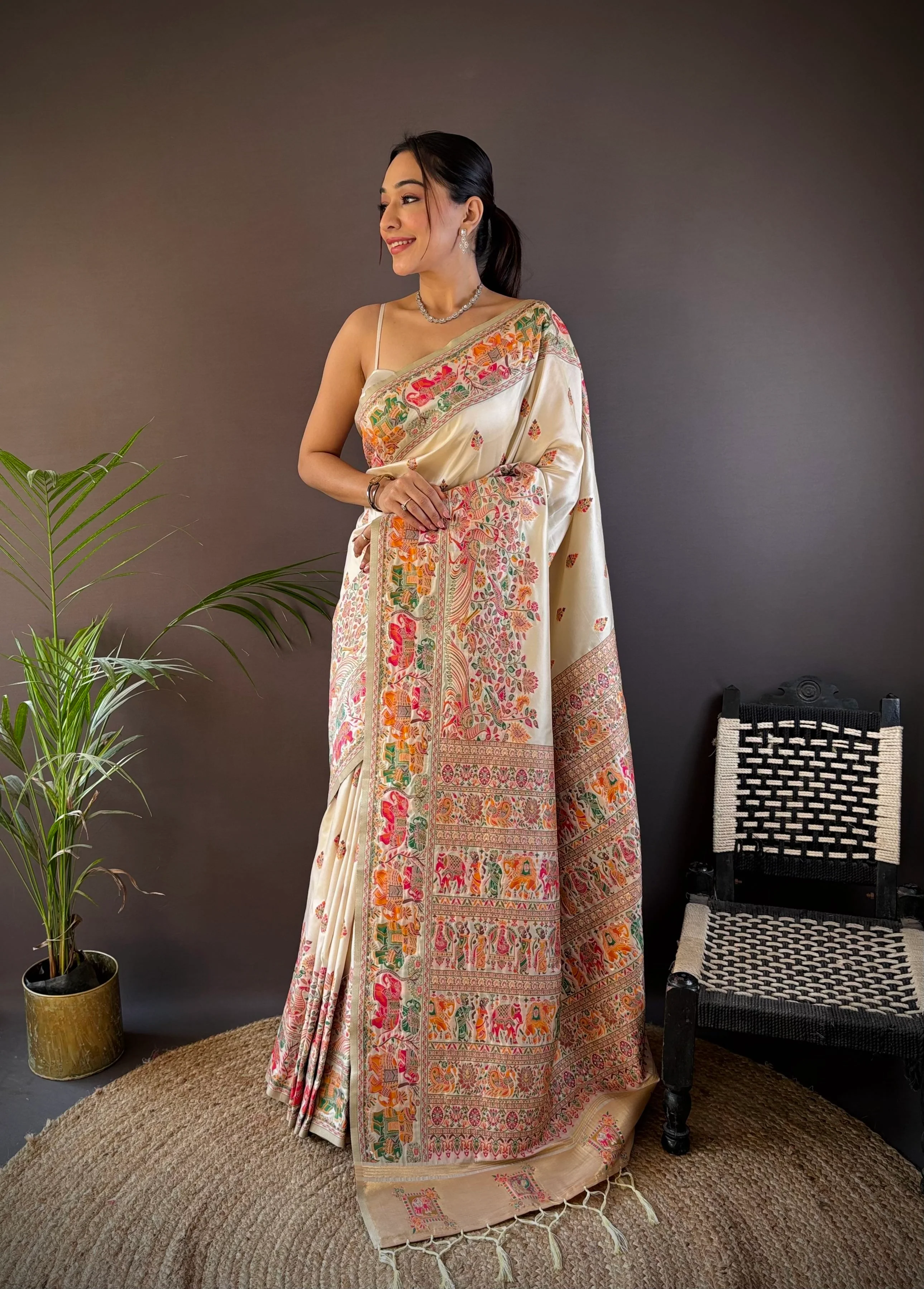 Off White Pashmina Silk Kashmiri Meena Work Saree